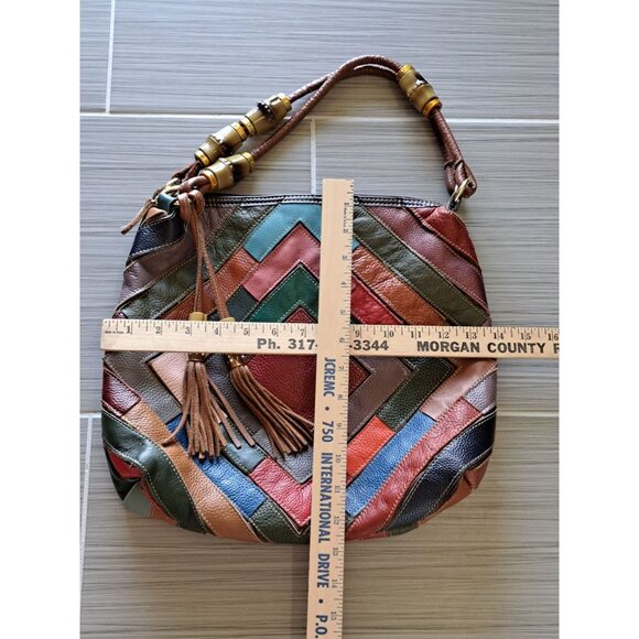 Chaos Multicolor Patchwork Leather Shoulder Bag Tassel Detail Festival Boho - Picture 9 of 12